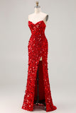 Sparkly Red Beaded Mermaid Maxi Corset Prom Dress with Slit