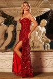 Sparkly Red Sequin Mermaid Sweetheart Maxi Corset Prom Dress with Slit