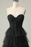 Black and White Polka Dots Corset Ruffled Long Prom Dress with Slit