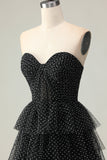 Black and White Polka Dots Corset Ruffled Long Prom Dress with Slit