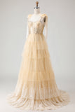 Sparkly Pink Polka Dots Tiered Tulle Long Corset Prom Dress with Beading
