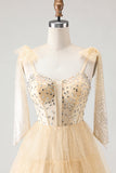 Sparkly Pink Polka Dots Tiered Tulle Long Corset Prom Dress with Beading