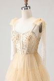 Sparkly Apricot Polka Dots Beaded Long Corset Prom Dress with Bows