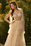 Sparkly Champagne Ruffled Beaded Tiered Maxi Corset Prom Dress with Bows