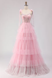 Sparkly Pink Polka Dots Tiered Tulle Long Corset Prom Dress with Beading