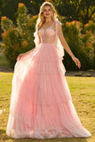 Sparkly Pink Ruffled Beaded Tiered Maxi Corset Prom Dress with Bows