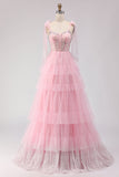 Sparkly Pink Ruffled Beaded Tiered Maxi Corset Prom Dress with Bows