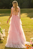 Sparkly Champagne Ruffled Beaded Tiered Maxi Corset Prom Dress with Bows