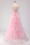 Sparkly Pink Ruffled Beaded Tiered Maxi Corset Prom Dress with Bows
