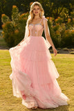 Sparkly Champagne Ruffled Beaded Tiered Maxi Corset Prom Dress with Bows