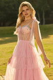 Sparkly Champagne Ruffled Beaded Tiered Maxi Corset Prom Dress with Bows
