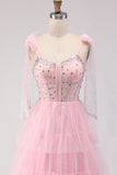 Sparkly Apricot Polka Dots Beaded Long Corset Prom Dress with Bows