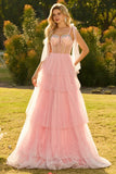 Sparkly Champagne Ruffled Beaded Tiered Maxi Corset Prom Dress with Bows