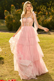 Sparkly Champagne Ruffled Beaded Tiered Maxi Corset Prom Dress with Bows