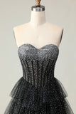 Sparkly Black and White Polka Dots Sweetheart Ruffled Long Corset Prom Dress