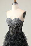 Sparkly Black and White Polka Dots Sweetheart Ruffled Long Corset Prom Dress
