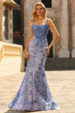 Floral Grey Blue Mermaid Long Corset Prom Dress with Bow
