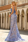 Floral Grey Blue Mermaid Long Corset Prom Dress with Bow