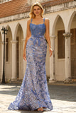 Floral Grey Blue Mermaid Long Corset Prom Dress with Bow