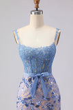 Grey Blue Mermaid Lace Long Corset Sequined Prom Dress with Bow