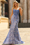 Floral Grey Blue Mermaid Long Corset Prom Dress with Bow