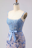 Grey Blue Mermaid Lace Long Corset Sequined Prom Dress with Bow