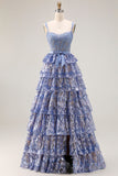Sparkly Grey Blue Tiered Lace Long Corset Prom Dress with Ruffles