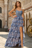 Floral Grey Blue Tiered A Line Long Corset Prom Dress with Ruffles
