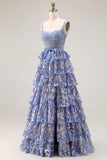 Sparkly Grey Blue Tiered Lace Long Corset Prom Dress with Ruffles