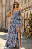 Floral Grey Blue Tiered A Line Long Corset Prom Dress with Ruffles