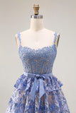 Sparkly Grey Blue Tiered Lace Long Corset Prom Dress with Ruffles