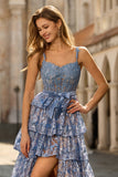 Floral Grey Blue Tiered A Line Long Corset Prom Dress with Ruffles