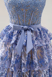 Sparkly Grey Blue Tiered Lace Long Corset Prom Dress with Ruffles