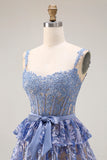 Sparkly Grey Blue Tiered Lace Long Corset Prom Dress with Ruffles