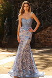 Floral Sparkly Grey Blue Mermaid Strapless Maxi Corset Prom Dress with Sequins