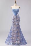 Sparkly Grey Blue Mermaid Strapless Long Corset Prom Dress with Sequins