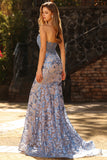 Floral Sparkly Grey Blue Mermaid Strapless Maxi Corset Prom Dress with Sequins