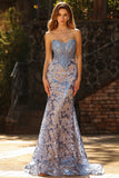 Floral Sparkly Grey Blue Mermaid Strapless Maxi Corset Prom Dress with Sequins