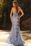 Floral Sparkly Grey Blue Mermaid Strapless Maxi Corset Prom Dress with Sequins