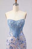 Sparkly Grey Blue Mermaid Strapless Long Corset Prom Dress with Sequins