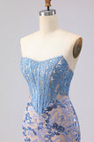 Sparkly Grey Blue Mermaid Strapless Long Corset Prom Dress with Sequins