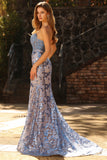 Floral Sparkly Grey Blue Mermaid Strapless Maxi Corset Prom Dress with Sequins