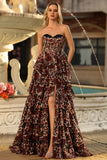 Brown Leopard Strapless Ruffled A Line Maxi Prom Dress