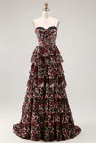 Brown Leopard Strapless Ruffled A Line Maxi Prom Dress