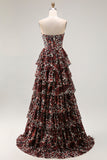 Brown Leopard Strapless Ruffled A Line Maxi Prom Dress