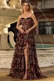 Brown Leopard Sweetheart A Line Long Prom Dress
