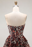Brown Leopard Strapless Ruffled A Line Maxi Prom Dress