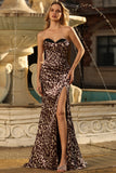 Coffee Leopard Corset Mermaid Sweetheart Long Prom Dress with Slit