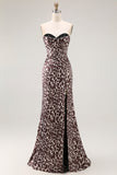 Coffee Leopard Corset Mermaid Sweetheart Long Prom Dress with Slit