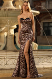 Coffee Leopard Corset Mermaid Sweetheart Long Prom Dress with Slit